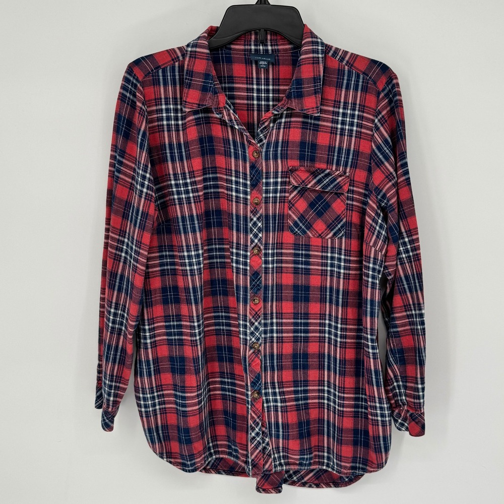 J Jill Denim Women's Red Navy Plaid Button Down Shirt Size Petite Large Cotton - Picture 1 of 12